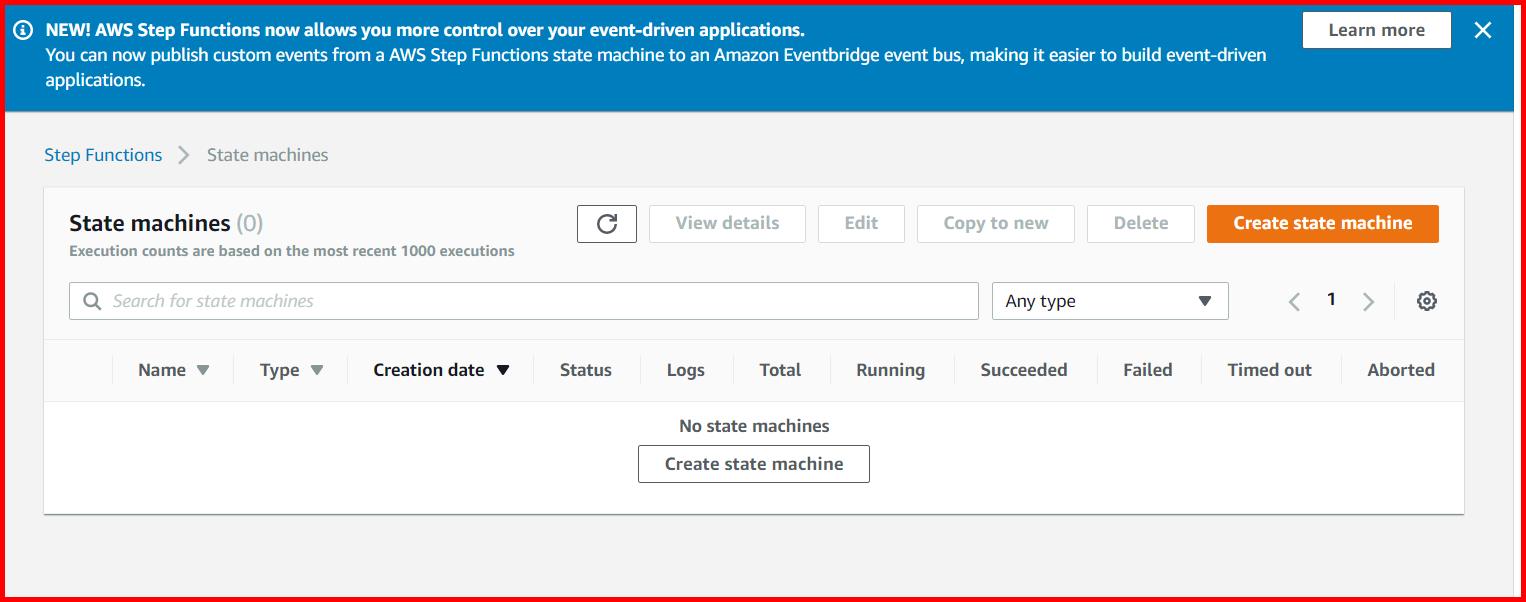 Picture showing the Create state machine button for creating the new step function